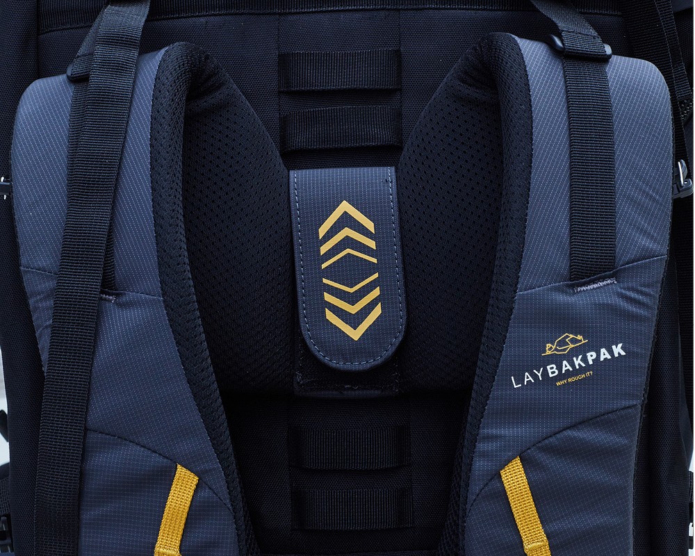 Close up view of LayBakPak adjustable back system and shoulder straps