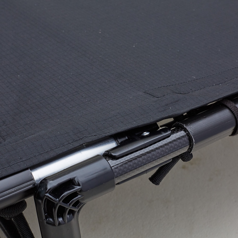 Close up view of carbon fibre and aluminium components of the LayBakPak bed frame