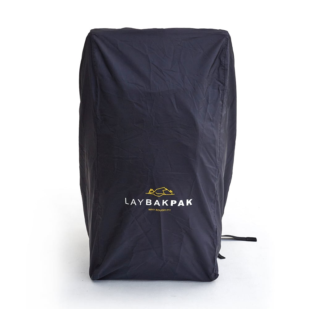 Rain cover in use on LayBakPak backpack showing view from the front