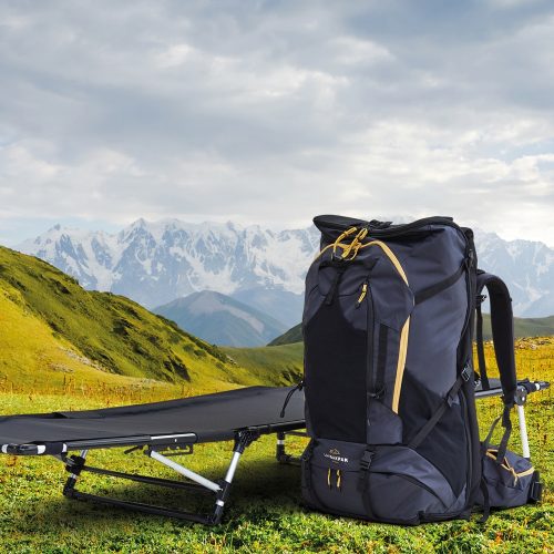 LayBakPak backpack with camp bed set up alongside it on an open hill side