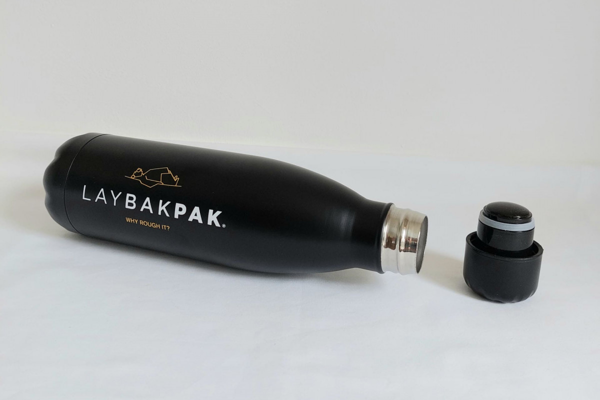 Side view of LayBakPak insulated bottle showing neck of bottle with top removed.